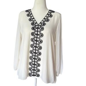 Alfani Flowy Graphic Black Lace Embellished White Blouse Women's Size M Career